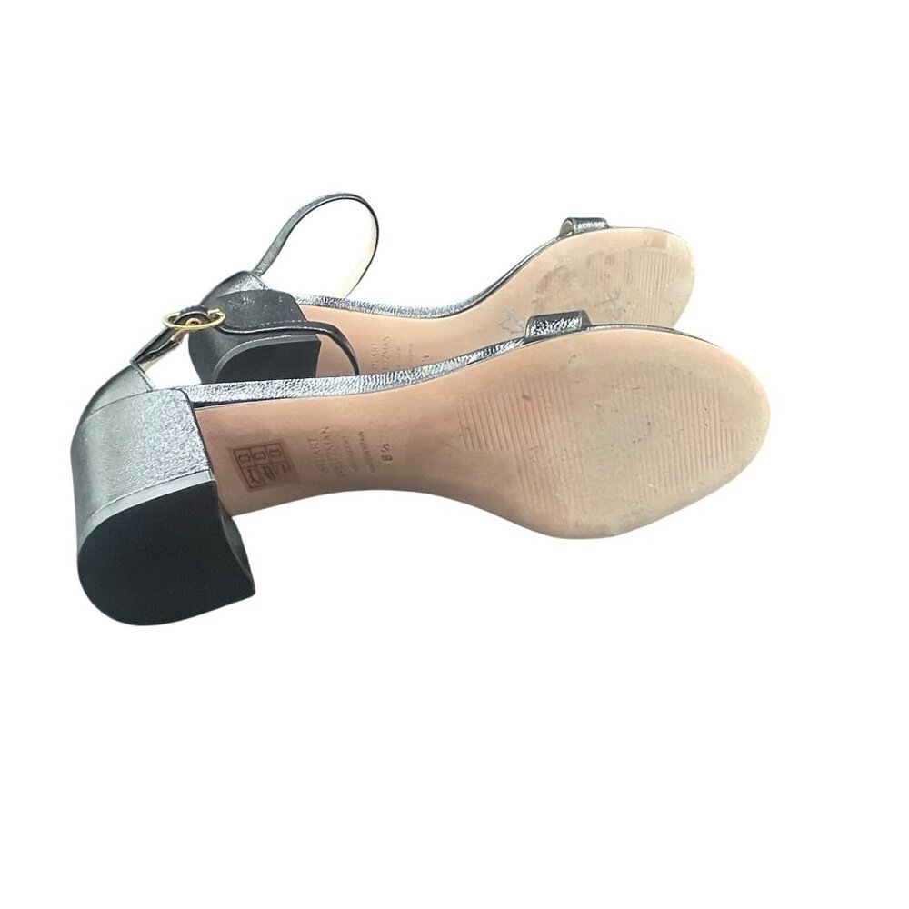Stuart Weitzman 75 LessNudist Sandals 6.5 Black Leather Ankle Strap Block Heel - Picture 6 of 7